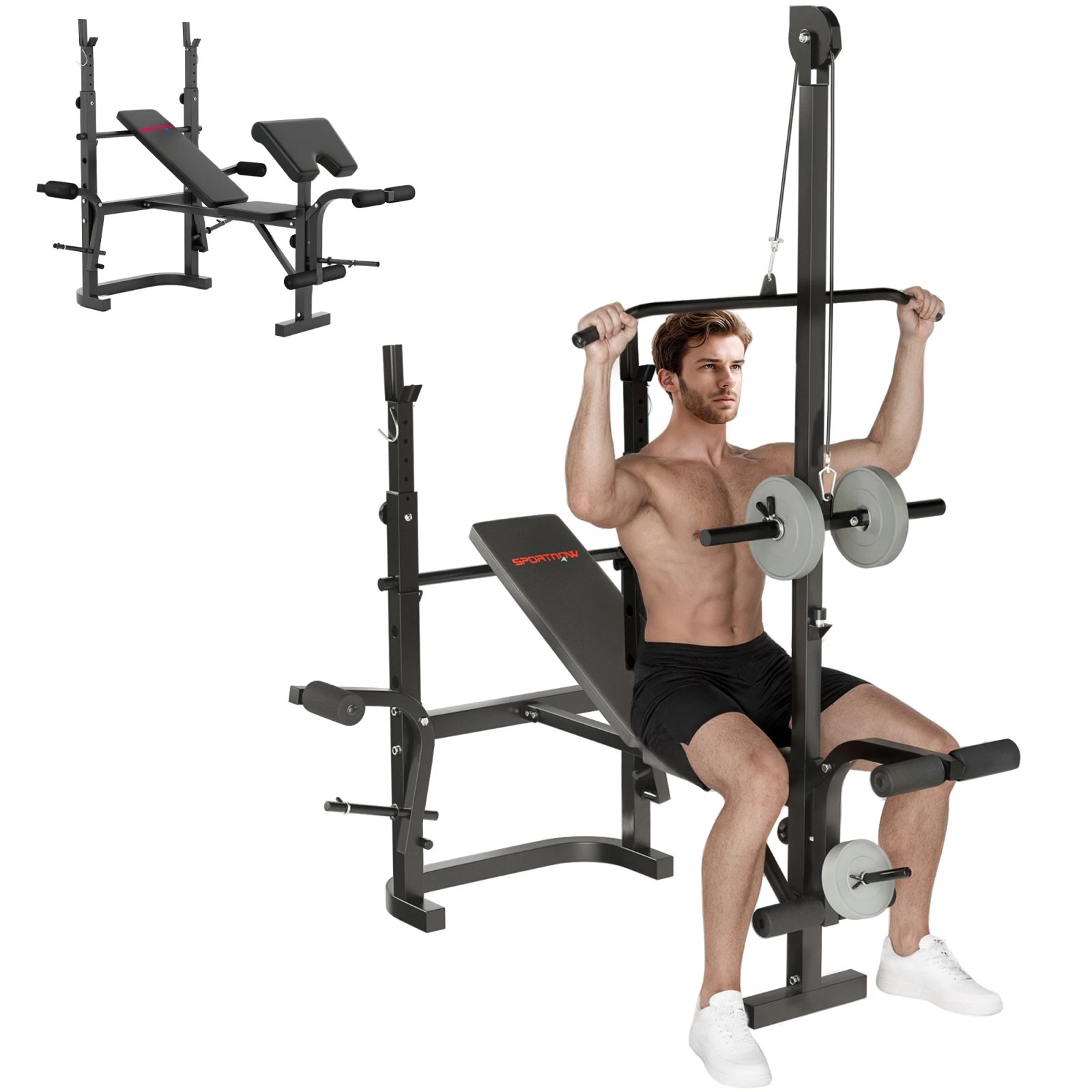 Sportnow Multifunctional Incline Weight Bench, Weight Bench with Adjustable Barbell Support, Leg Extension,