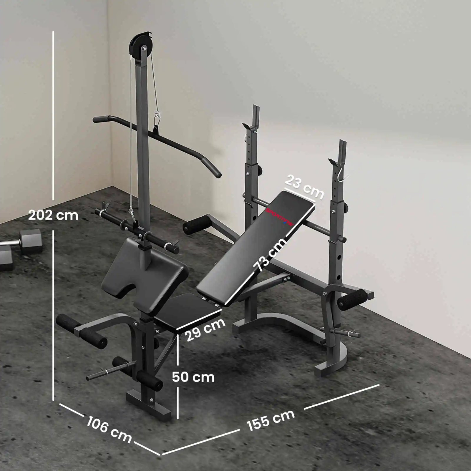 Sportnow Multifunctional Incline Weight Bench, Weight Bench with Adjustable Barbell Support, Leg Extension,