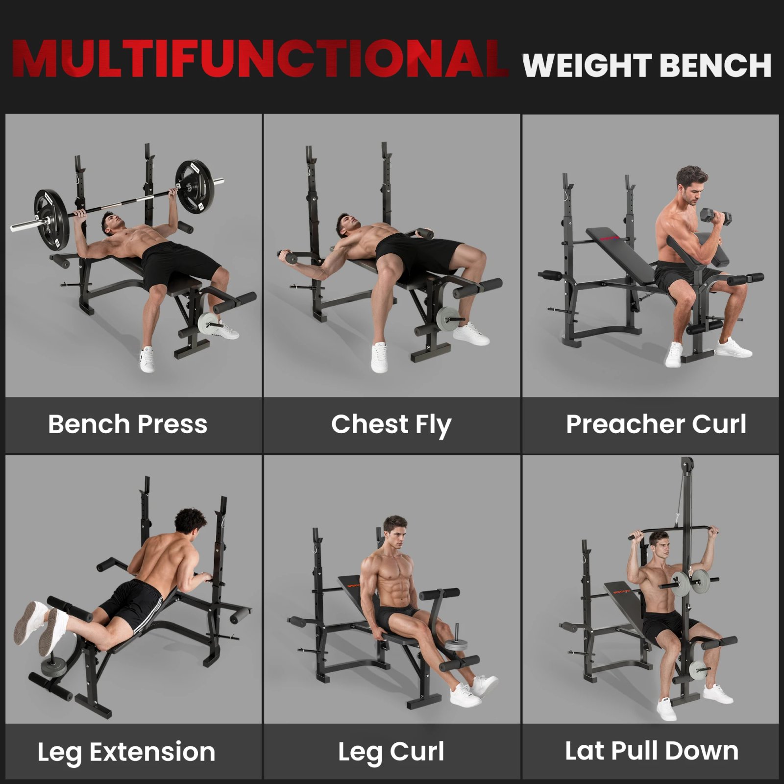 Sportnow Multifunctional Incline Weight Bench, Weight Bench with Adjustable Barbell Support, Leg Extension,