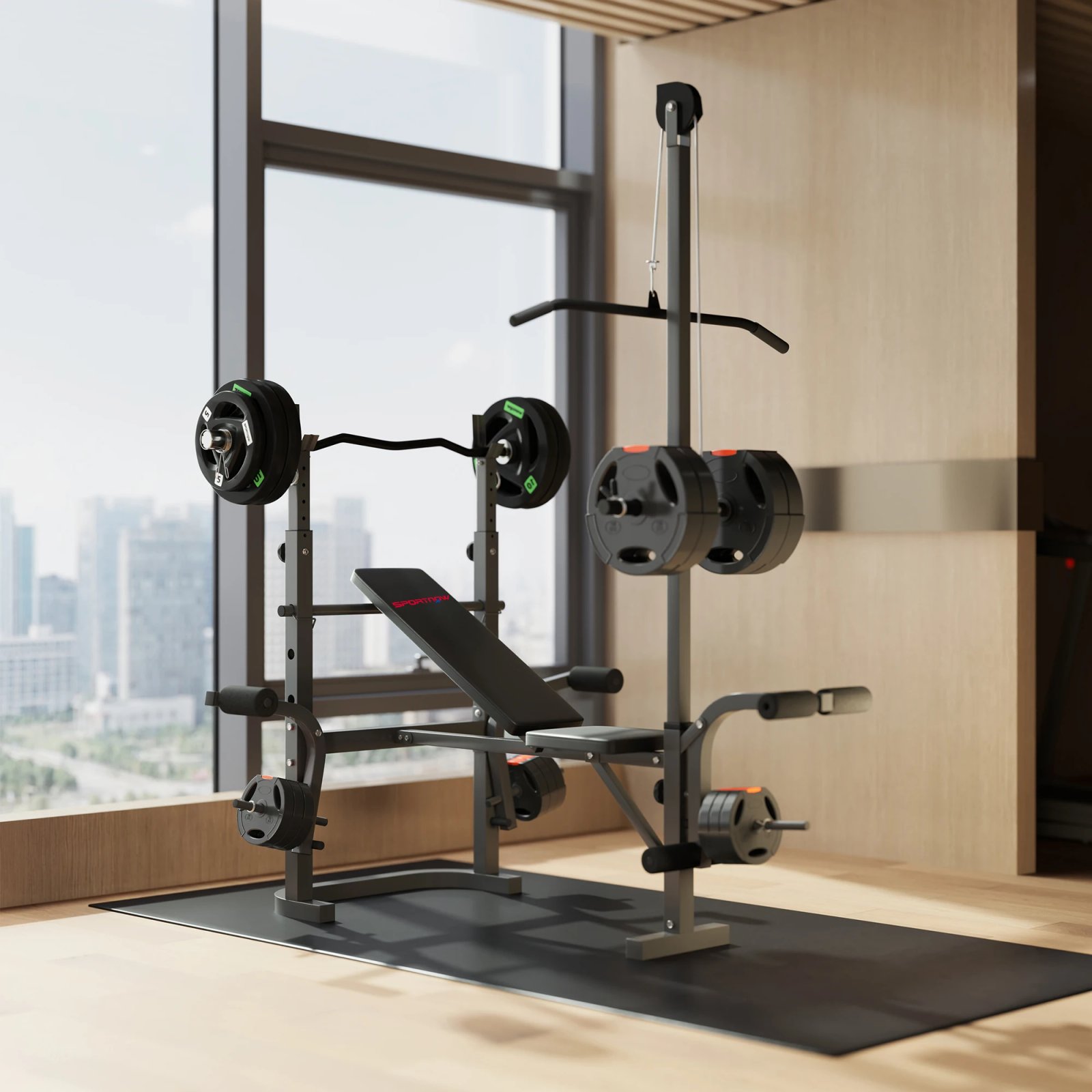 Sportnow Multifunctional Incline Weight Bench, Weight Bench with Adjustable Barbell Support, Leg Extension,