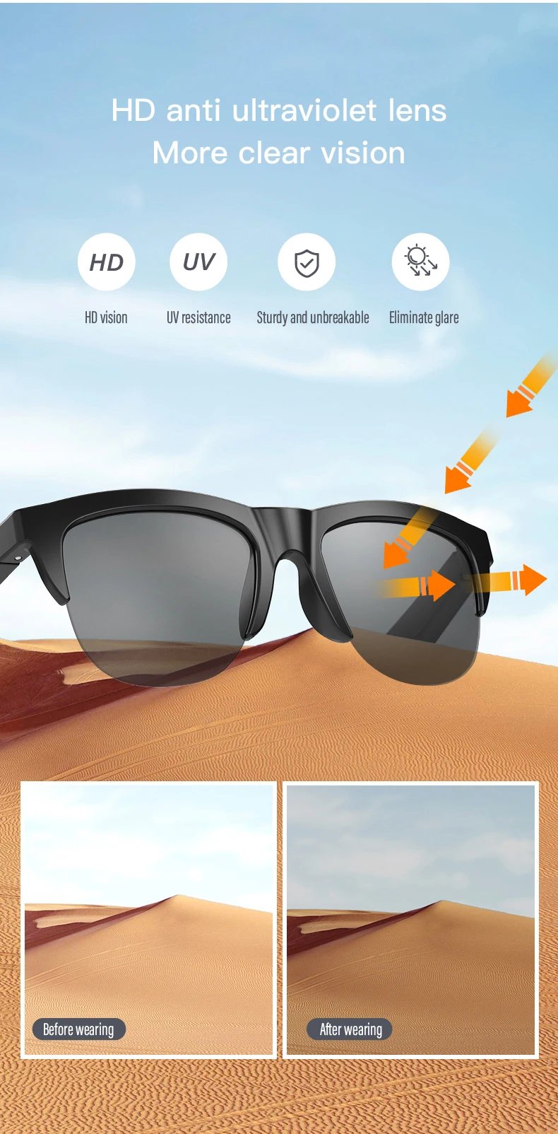 Smart Audio Glasses Bluetooth V5.3 Sunglasses HIFI Headset Hands-Free Call Anti-UV Outdoor Sports Anti-touch For Men Women