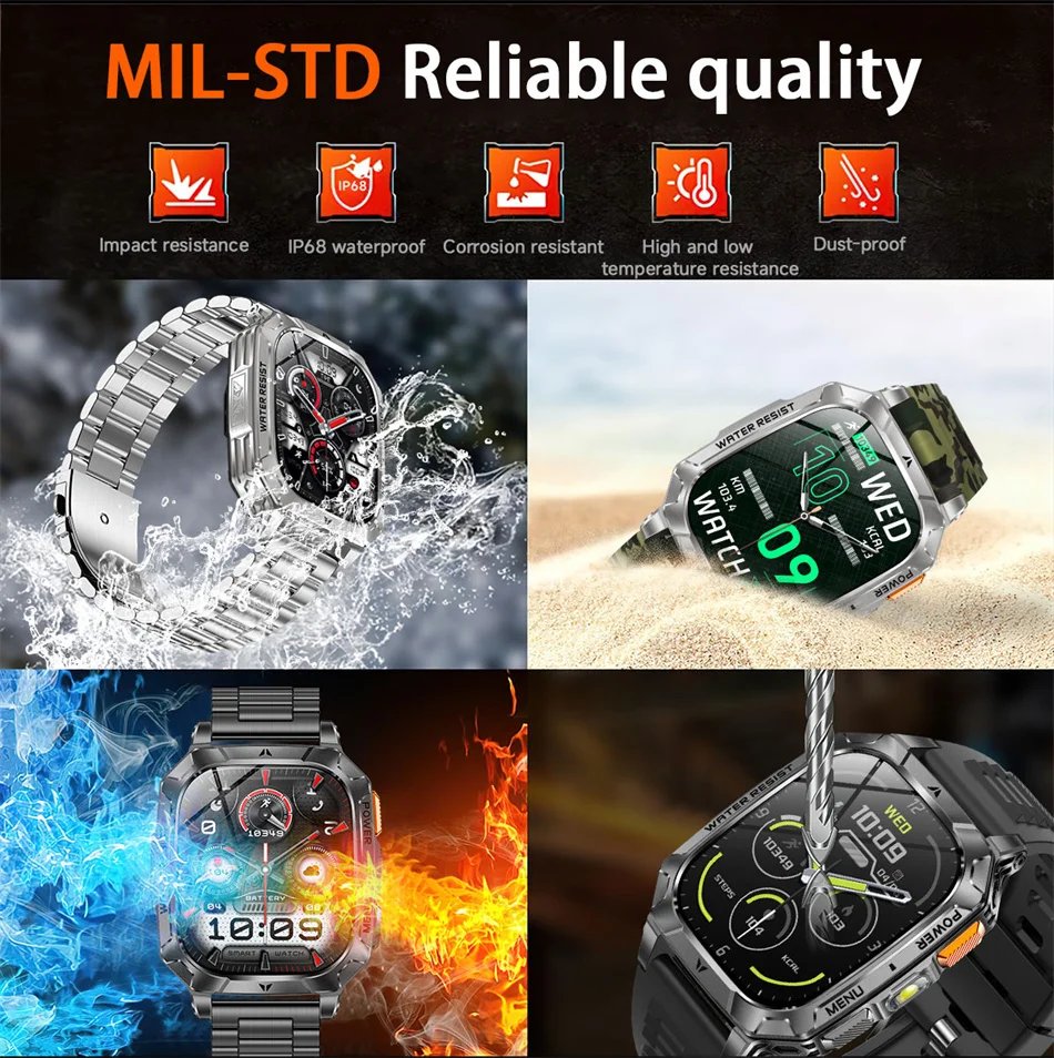 2026 New 1400mAh Battery Outdoor Military Sports SmartWatch IP68 Waterproof Flashlight Bluetooth Call Health Monitor Smartwatchs