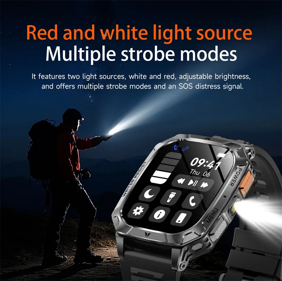 2026 New 1400mAh Battery Outdoor Military Sports SmartWatch IP68 Waterproof Flashlight Bluetooth Call Health Monitor Smartwatchs