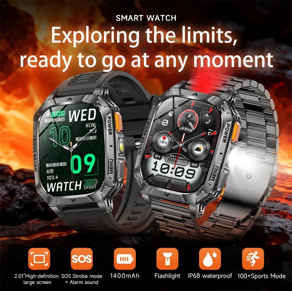 2026 New 1400mAh Battery Outdoor Military Sports SmartWatch IP68 Waterproof Flashlight Bluetooth Call Health Monitor Smartwatchs