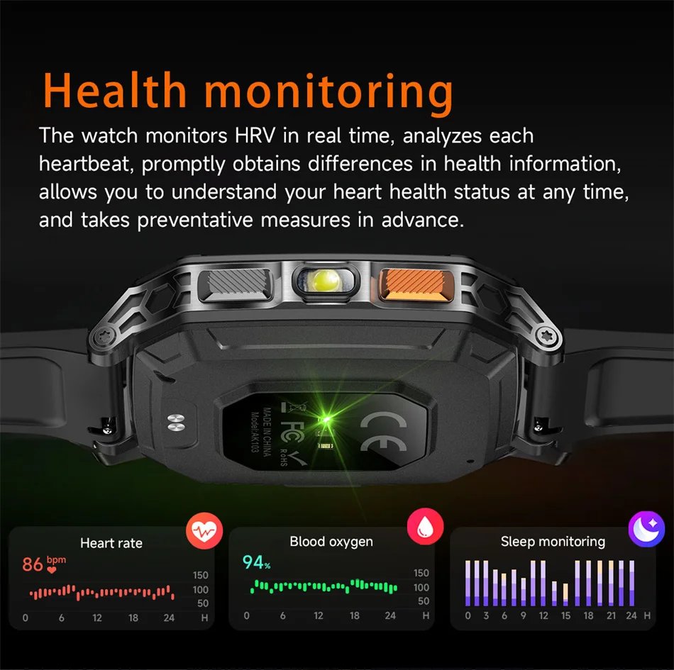 2026 New 1400mAh Battery Outdoor Military Sports SmartWatch IP68 Waterproof Flashlight Bluetooth Call Health Monitor Smartwatchs
