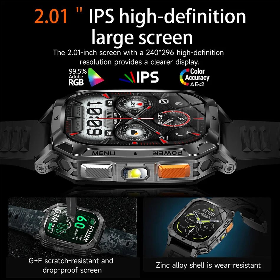2026 New 1400mAh Battery Outdoor Military Sports SmartWatch IP68 Waterproof Flashlight Bluetooth Call Health Monitor Smartwatchs