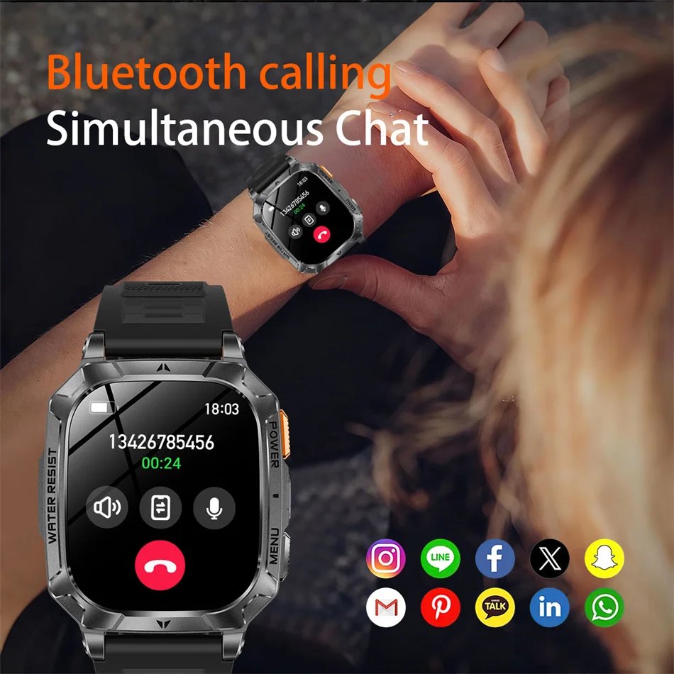 2026 New 1400mAh Battery Outdoor Military Sports SmartWatch IP68 Waterproof Flashlight Bluetooth Call Health Monitor Smartwatchs