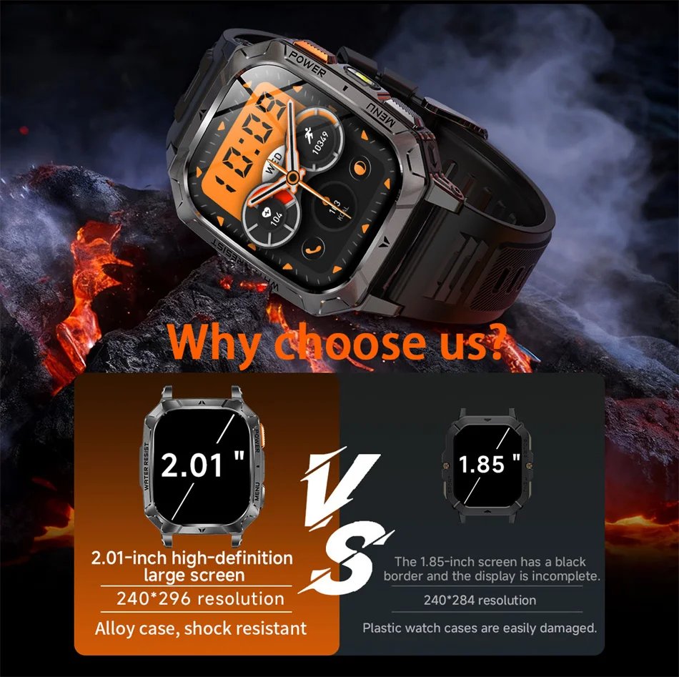 2026 New 1400mAh Battery Outdoor Military Sports SmartWatch IP68 Waterproof Flashlight Bluetooth Call Health Monitor Smartwatchs