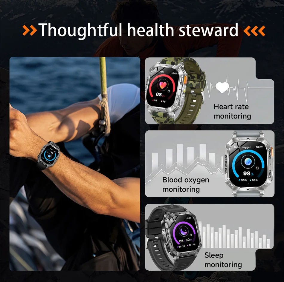 2026 New 1400mAh Battery Outdoor Military Sports SmartWatch IP68 Waterproof Flashlight Bluetooth Call Health Monitor Smartwatchs