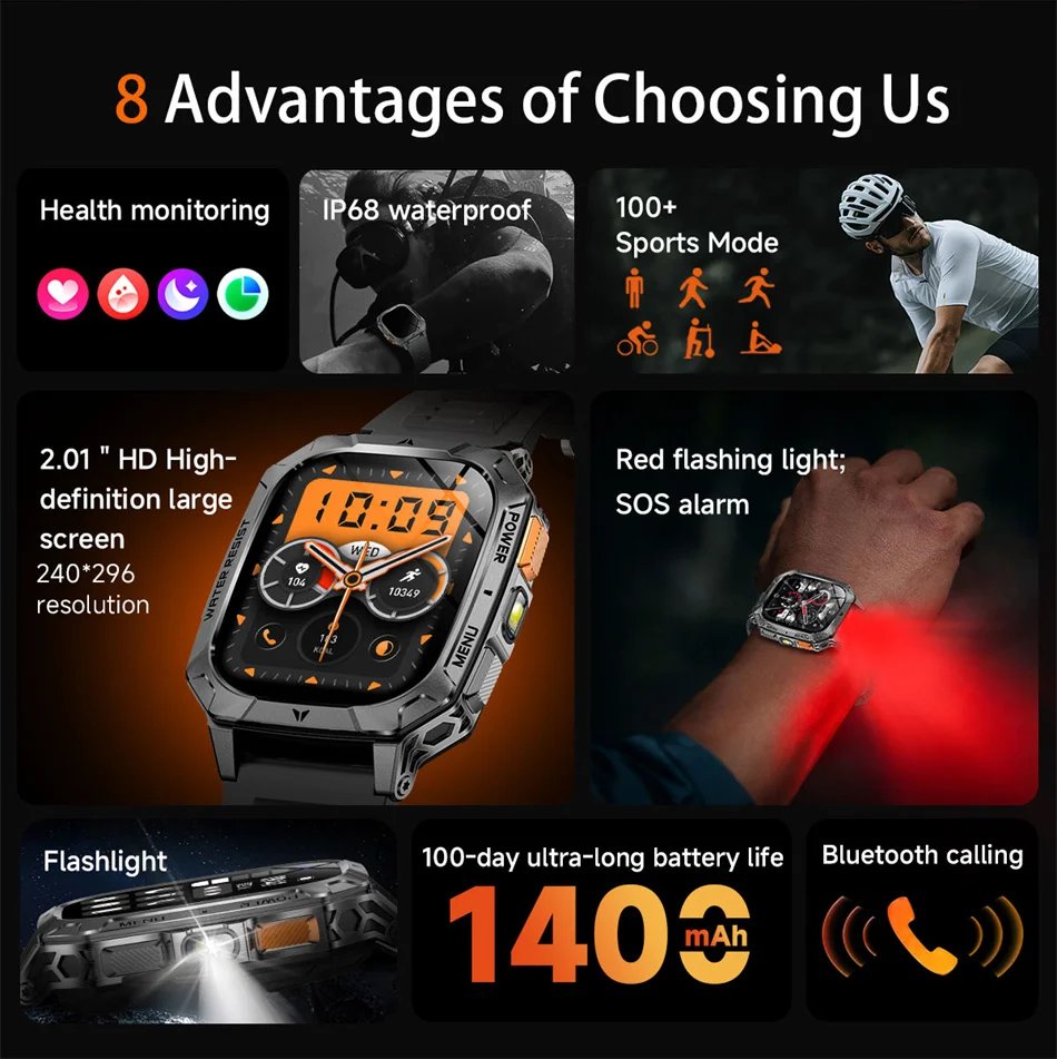 2026 New 1400mAh Battery Outdoor Military Sports SmartWatch IP68 Waterproof Flashlight Bluetooth Call Health Monitor Smartwatchs