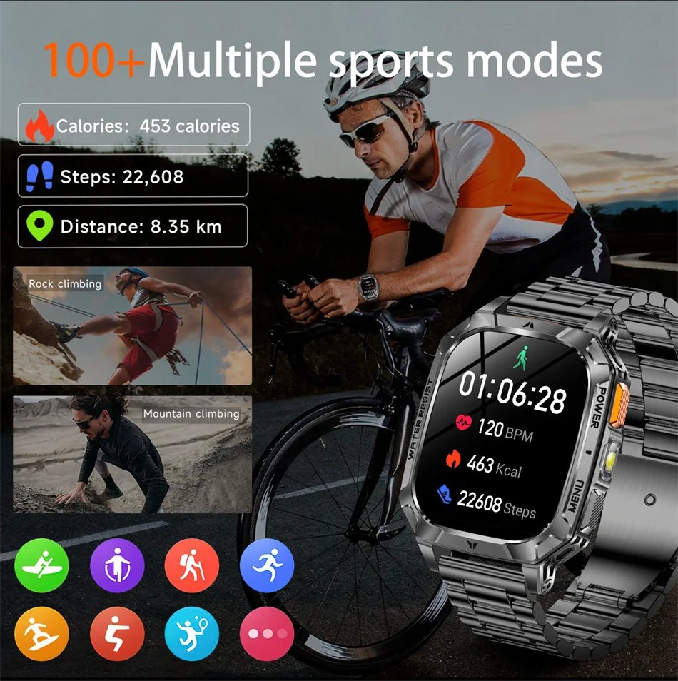 2026 New 1400mAh Battery Outdoor Military Sports SmartWatch IP68 Waterproof Flashlight Bluetooth Call Health Monitor Smartwatchs