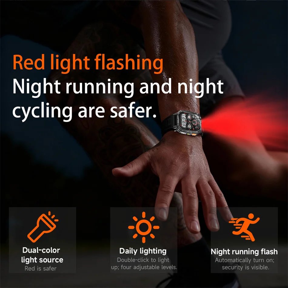 2026 New 1400mAh Battery Outdoor Military Sports SmartWatch IP68 Waterproof Flashlight Bluetooth Call Health Monitor Smartwatchs