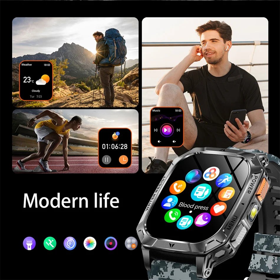 2026 New 1400mAh Battery Outdoor Military Sports SmartWatch IP68 Waterproof Flashlight Bluetooth Call Health Monitor Smartwatchs