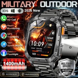2026 New 1400mAh Battery Outdoor Military Sports SmartWatch IP68 Waterproof Flashlight Bluetooth Call Health Monitor Smartwatchs