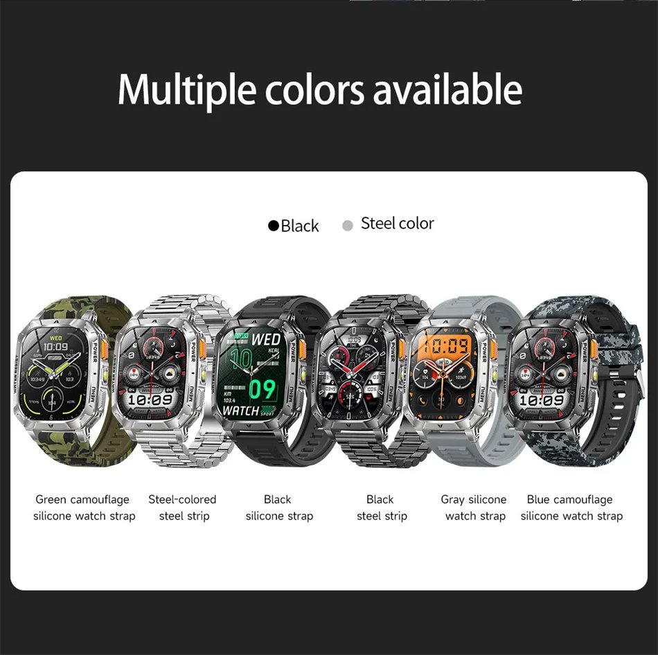 2026 New 1400mAh Battery Outdoor Military Sports SmartWatch IP68 Waterproof Flashlight Bluetooth Call Health Monitor Smartwatchs