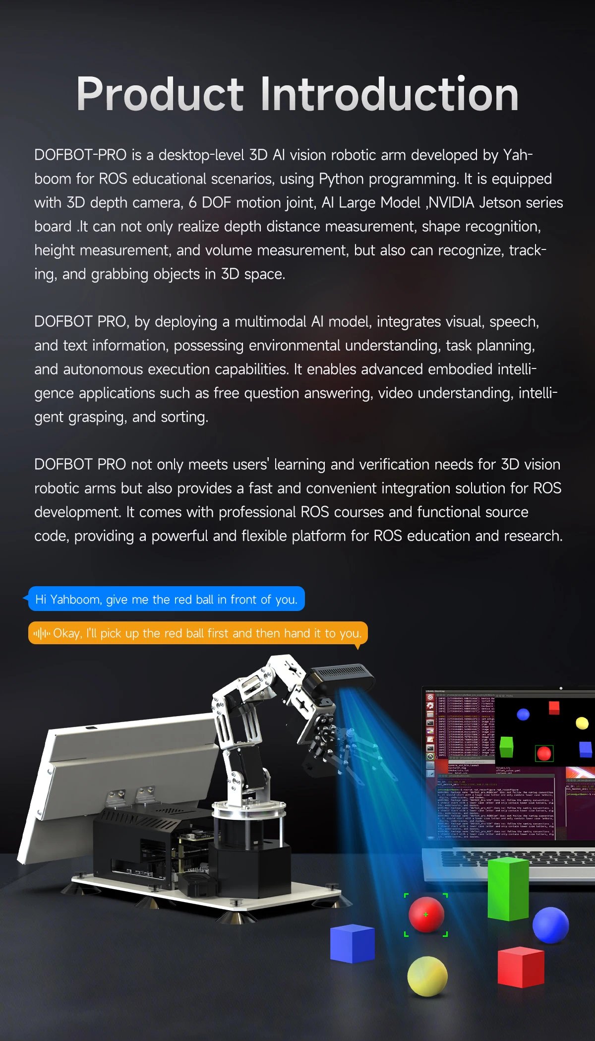 Yahboom DOFBOT PRO Robotic Arm AI Large Model ROS Open Source Support 3D Depth Point Cloud Recognition Gripping For Orin SUPER