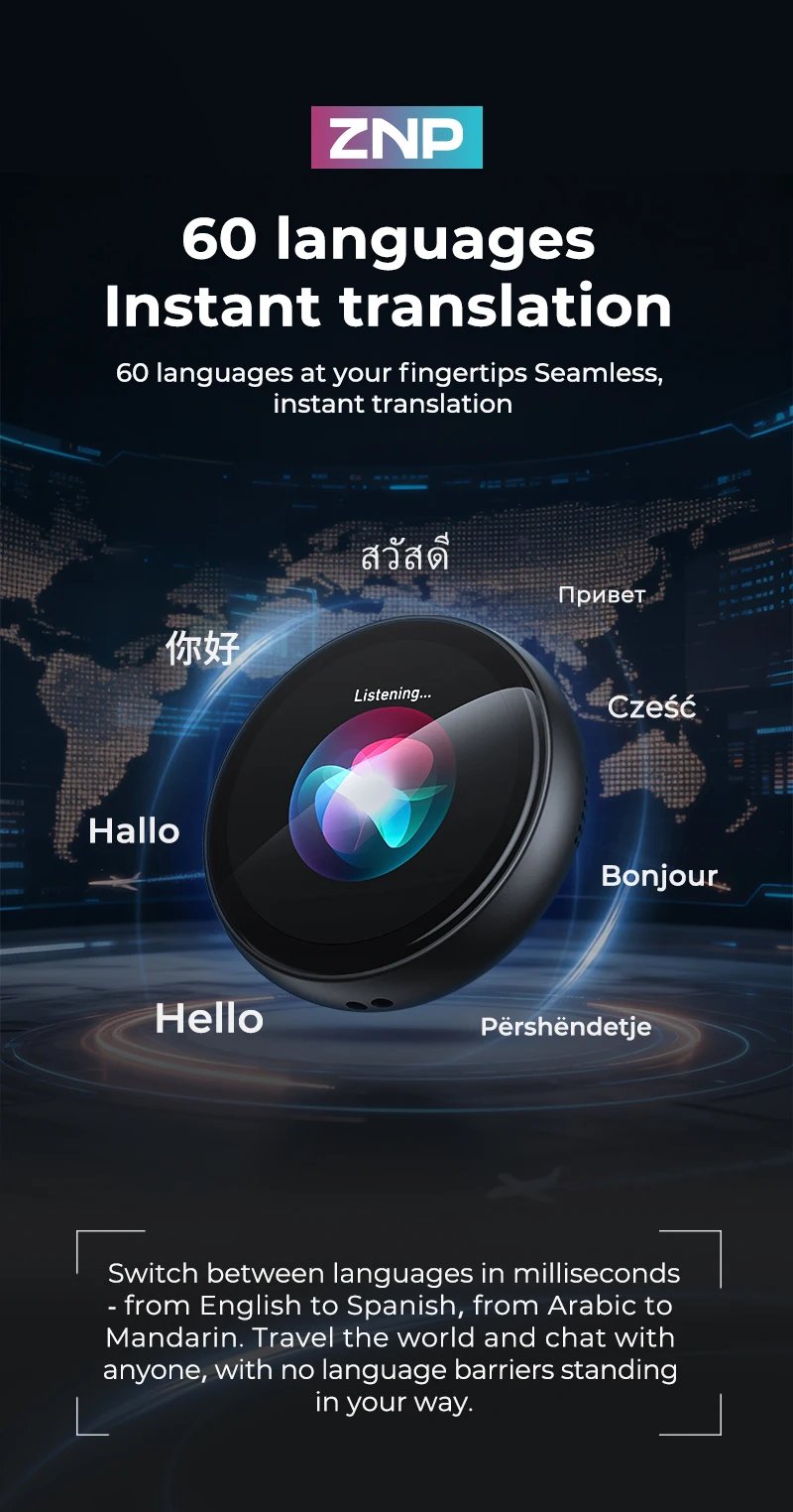 ZNP Z01 Portable Magnetic AI Voice Translator Ultra-thin Instant Professional Smart Voice Translation Display Touch Control for 150+ Languages 30Hrs Playback Children's Companion Robot Authentic Product for Office Use Gifting