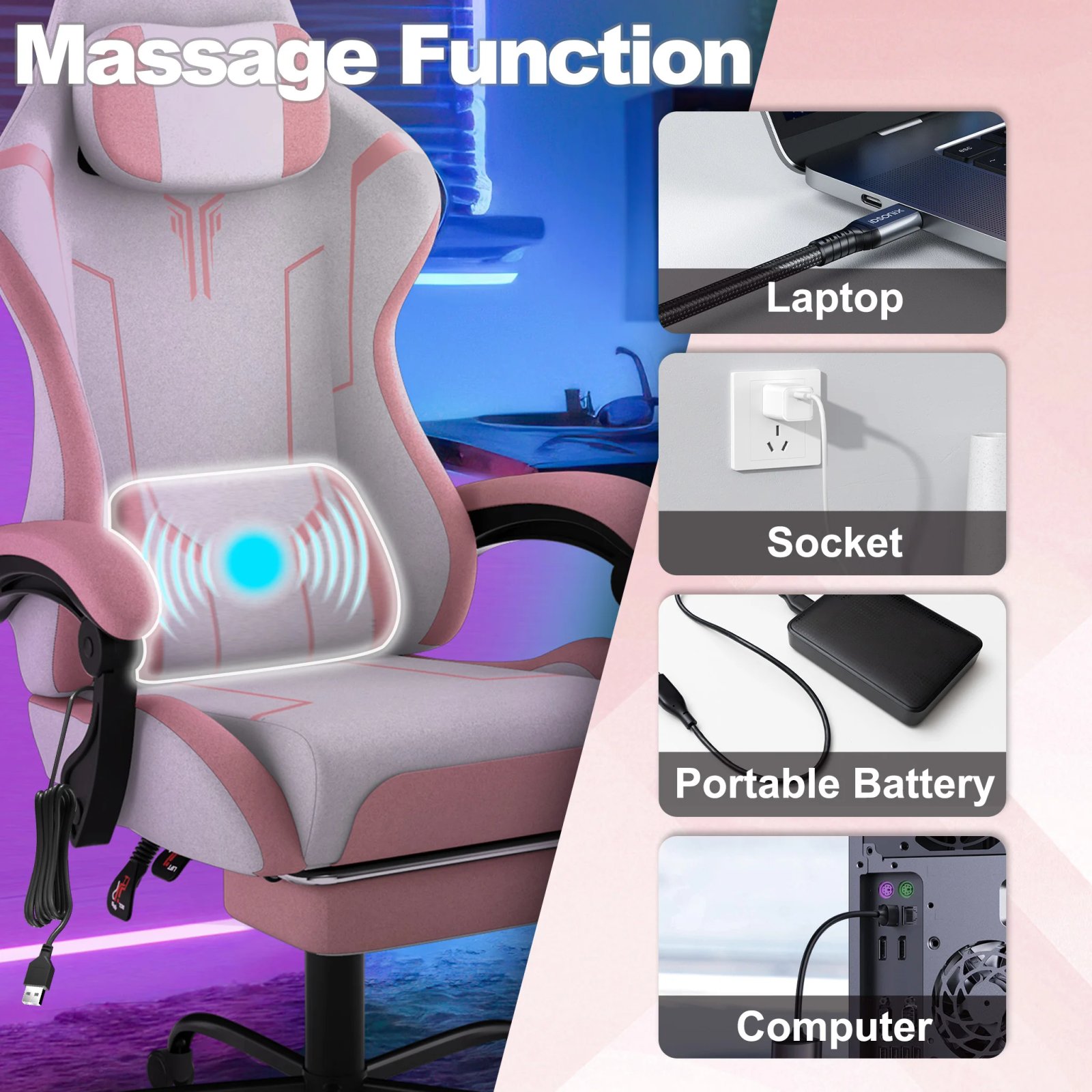 Ergonomic Gaming Chair with Footrest and Massage Lumbar Support — Reclining - Imagen 7