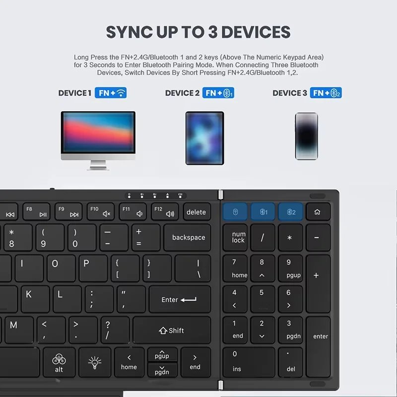 JOMAA Full Size Backlit Folding Keyboard Wireless 2.4G & — Bluetooth Rec - Imagen 3