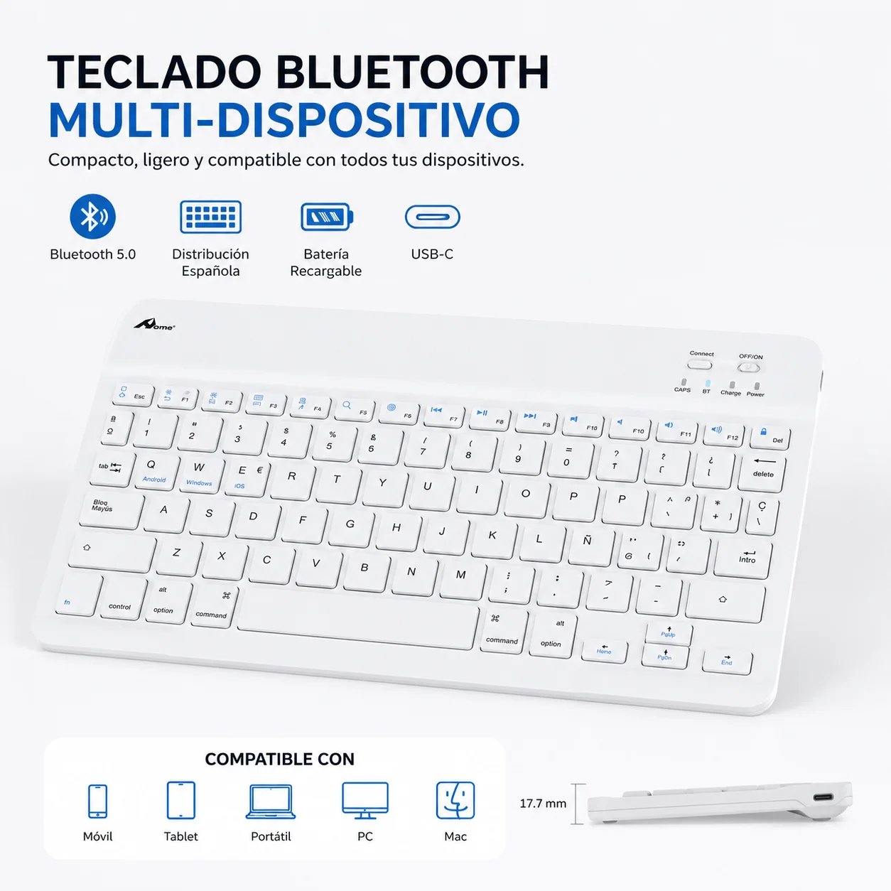 White Rechargeable Bluetooth Wireless Keyboard