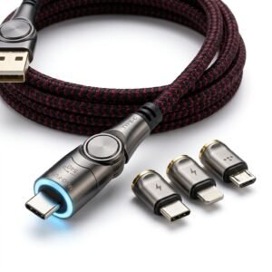 Cable magnetico de carga rapida giratorio 540 grados con 3 cabezales intercambiables y LED